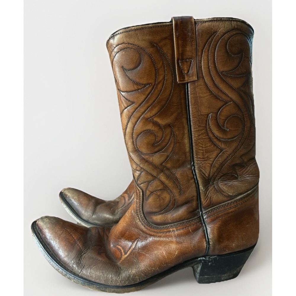 Acme Circle A Western Boots Men's Size 9.5 D Tan Leather Stitch Pattern Vtg